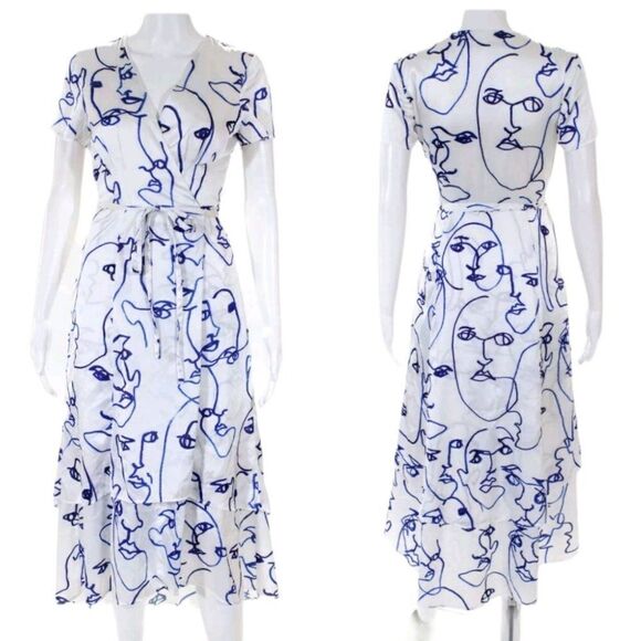 Hutch Printed Rosa Dress Artsy Wrap Short Sleeve Tiered Midi Faces White Sz XS - Picture 1 of 12